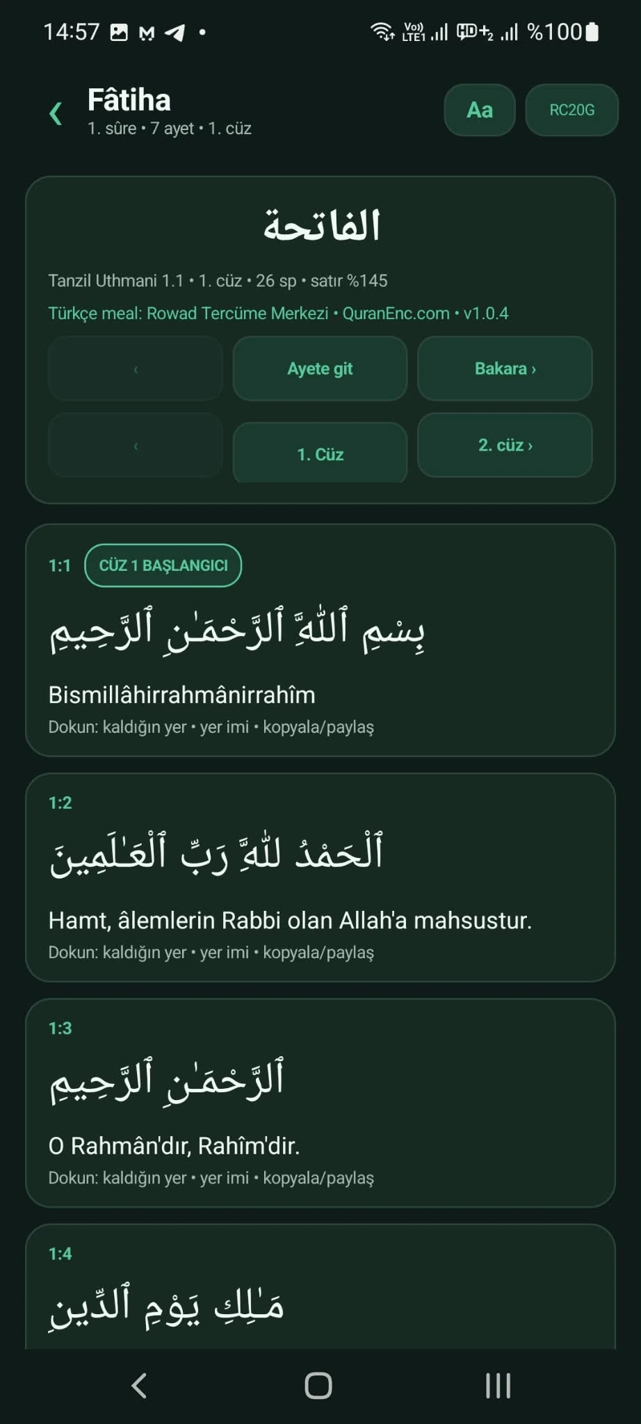 M-İbadet Kur’an okuyucu ve Rowad Türkçe meal ekranı