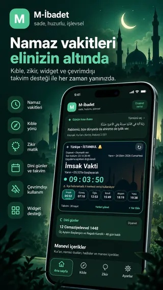 M-İbadet v179 namaz vakitlerini anlatan tanıtım afişi