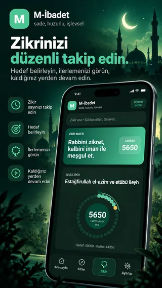 M-İbadet v179 zikirmatik özelliğini anlatan tanıtım afişi