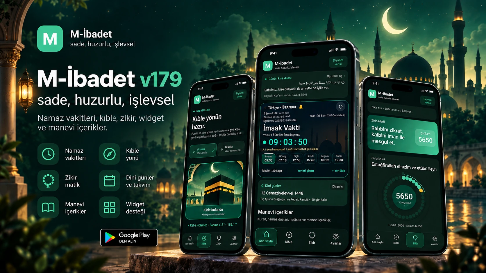 M-İbadet v179 tanıtım afişi: namaz vakitleri, kıble ve zikirmatik özelliklerinin uygulama tasarımından esinlenen görsel sunumu